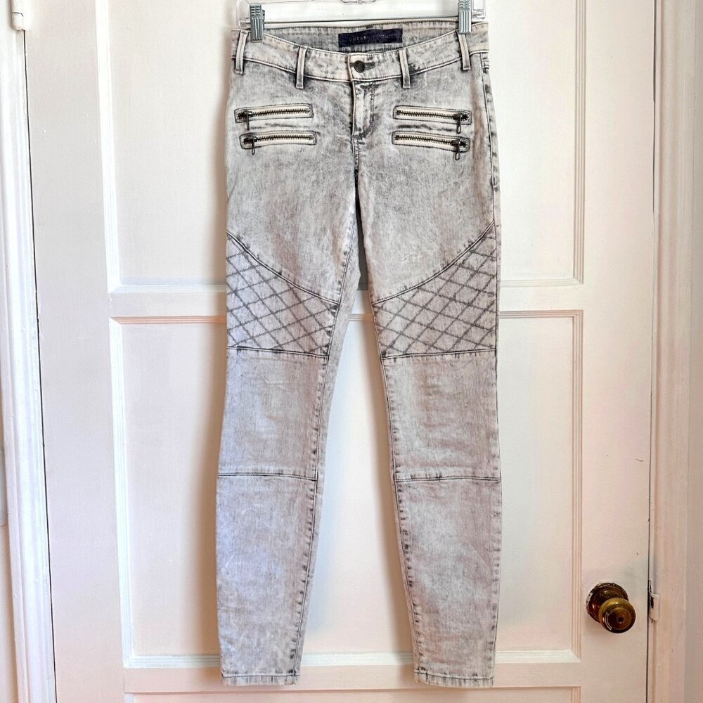 Guess Women's Low Rise Whitewash Moto Jeans Gray Sz 28